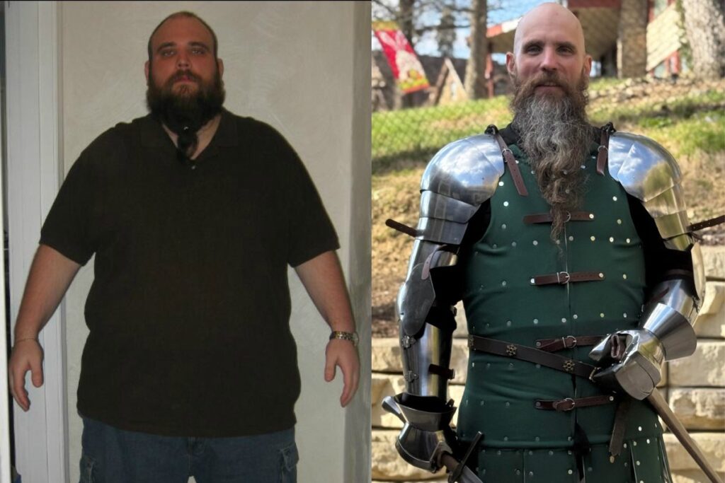 Chuck at 400lbs on the left, Chuck at 225lbs on the right, in armor.
